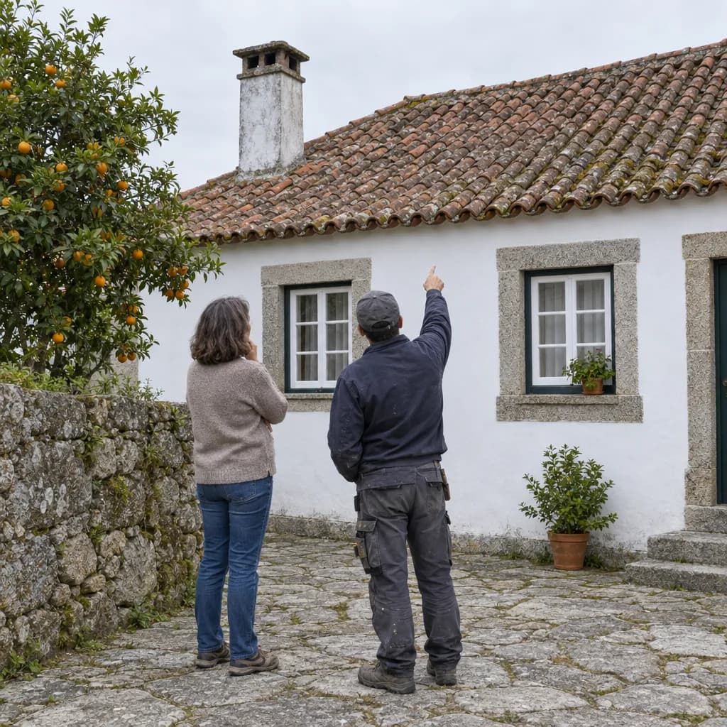 Proprietária e telhador a olhar para o telhado antigo de uma casa caiada