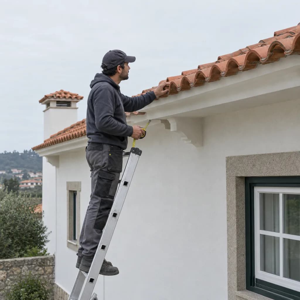 Telhador numa escada encostada ao beiral, a medir o telhado de uma casa