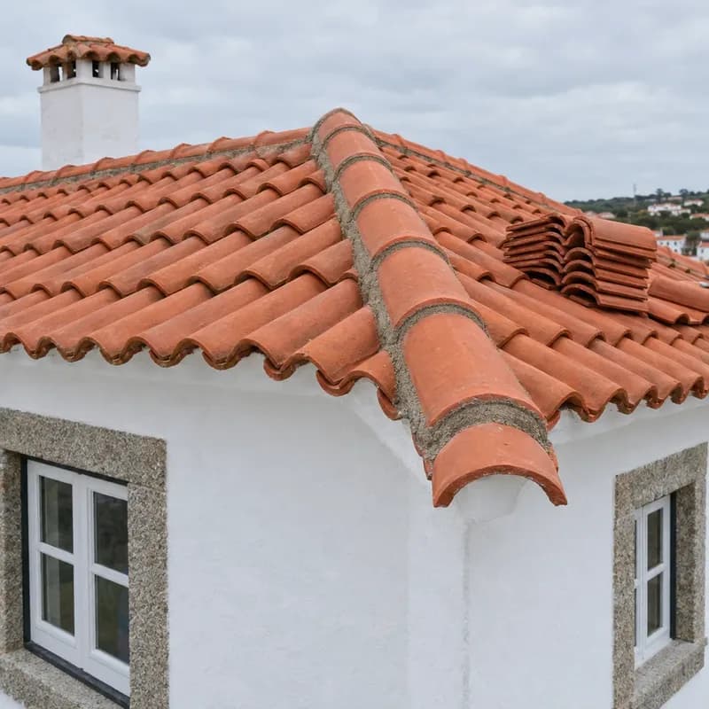 Cumeeira de telha cerâmica assente em argamassa numa casa caiada