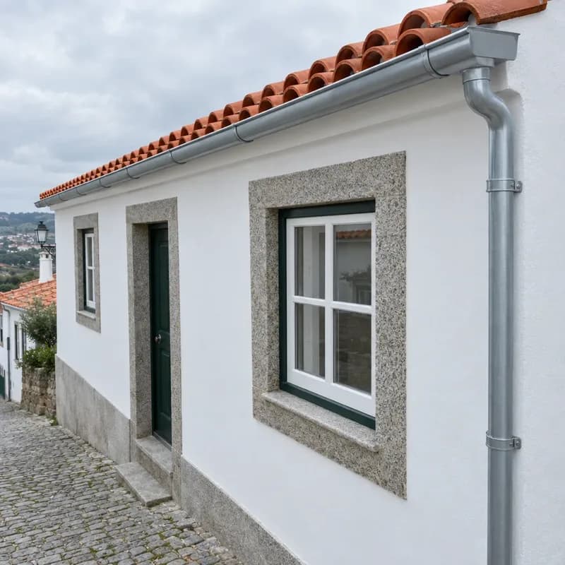 Beiral de telha cerâmica com caleira de zinco e tubo de queda numa casa caiada