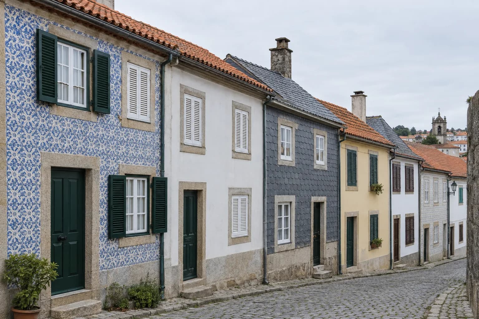 Rua de casas antigas com fachadas em azulejo e granito e telhados de telha cerâmica e de ardósia